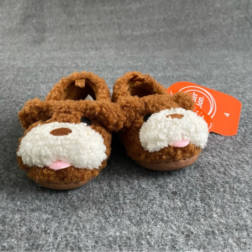 Wonder Nation Baby‎ Slippers Size 4 Brown Dog  Slip On Fuzzy Shoes New